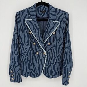ALBERTO MAKALI DENIM CHAMBRAY ZEBRA STRIPE BLAZER GOLD BUTTON SIZE 8